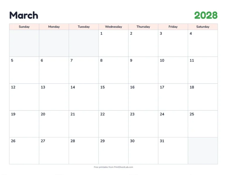 March 2028 calendar printable with US holidays in the classic design