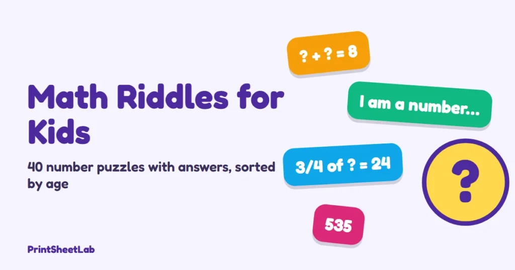 Math riddles for kids: cover with number tiles, a question mark and the title 40 number puzzles with answers