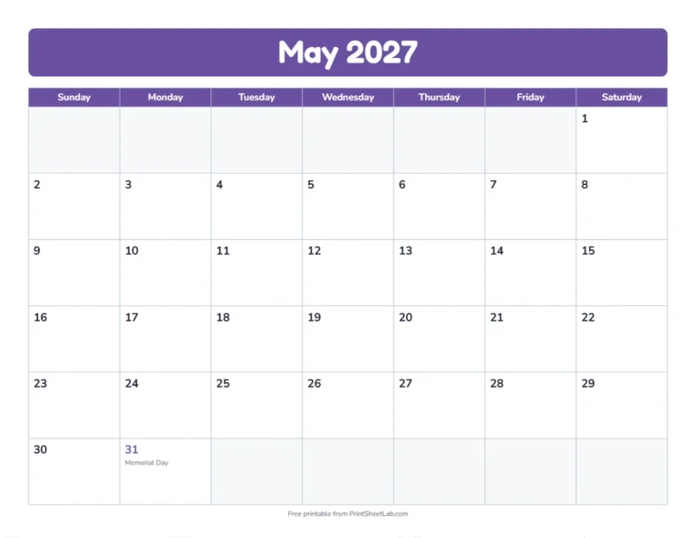 May 2027 calendar in the bold band design with big day boxes