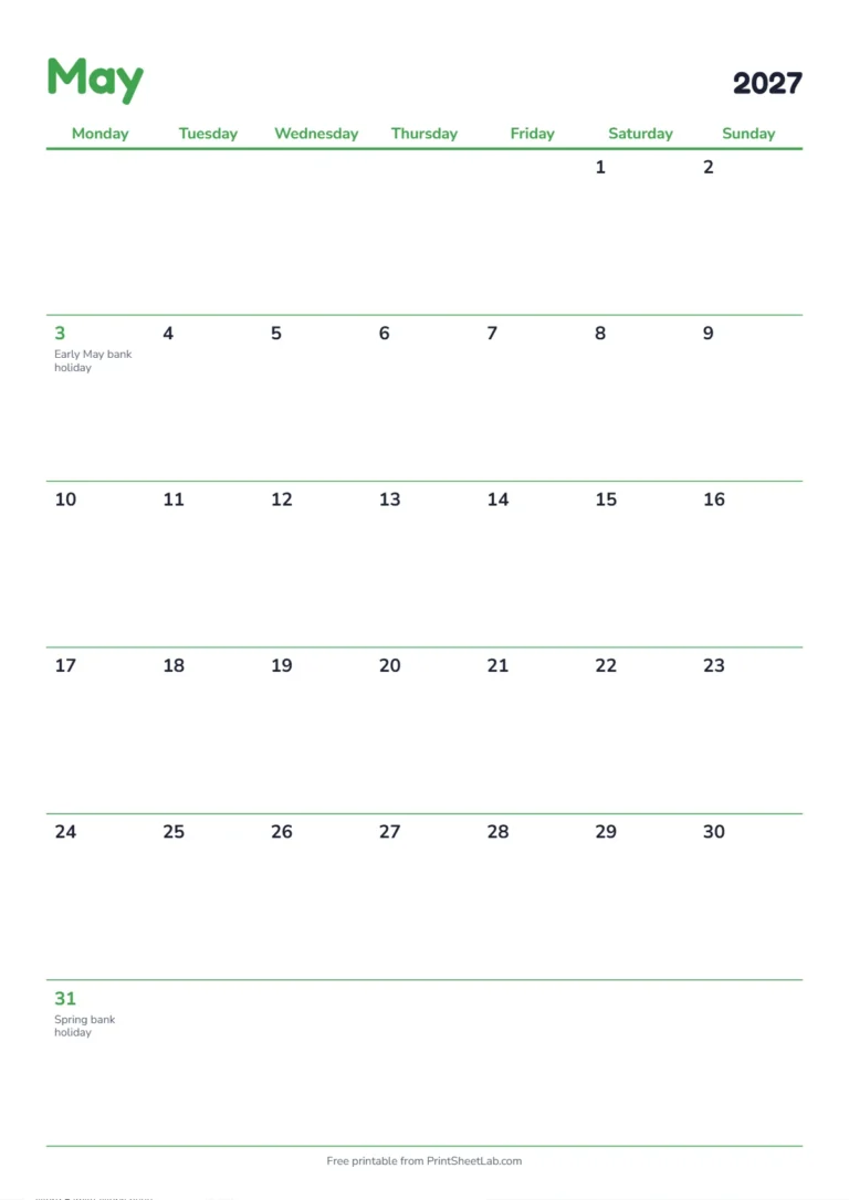 May 2027 calendar with holidays: Monday start on A4 with UK bank holidays