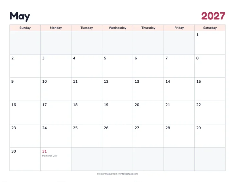 May 2027 calendar printable with US holidays in the classic design