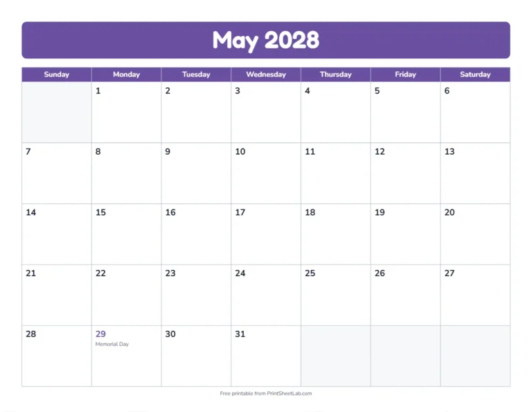 May 2028 calendar in the bold band design with big day boxes