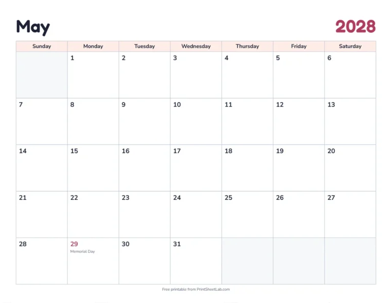 May 2028 calendar printable with US holidays in the classic design