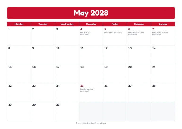 May 2028 calendar with Eid al-Adha and the Islamic New Year in the UAE
