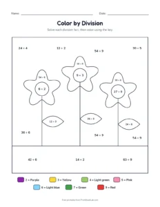 Color by division: flowers printable worksheet for grades 3 and 4