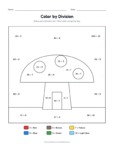 Color by division: mushroom house printable worksheet for grades 3 and 4