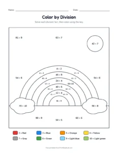Color by division: rainbow printable worksheet for grades 3 and 4