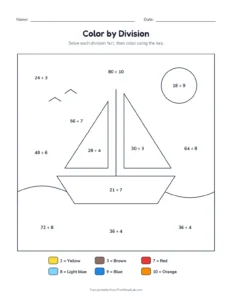 Color by division: sailboat printable worksheet for grades 3 and 4