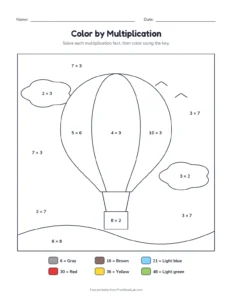 Color by multiplication: hot air balloon printable worksheet for grade 3