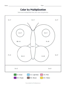 Color by multiplication: butterfly printable worksheet for grade 3
