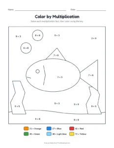 Color by multiplication: fish printable worksheet for grade 3