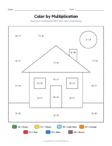 Color by multiplication: house printable worksheet for grade 3