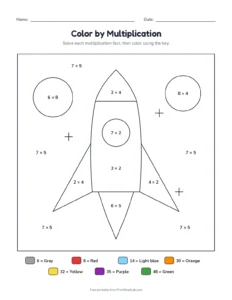Color by multiplication: rocket printable worksheet for grade 3