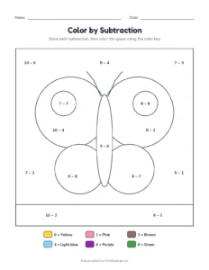 Color by subtraction within 10: butterfly printable worksheet for kindergarten and grade 1