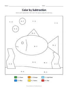 Color by subtraction within 10: fish printable worksheet for kindergarten and grade 1