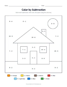 Color by subtraction within 10: house printable worksheet for kindergarten and grade 1