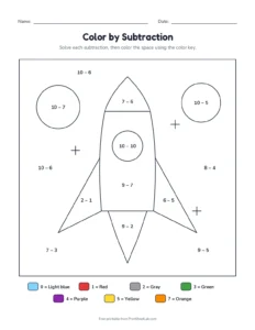 Color by subtraction within 10: rocket printable worksheet for kindergarten and grade 1