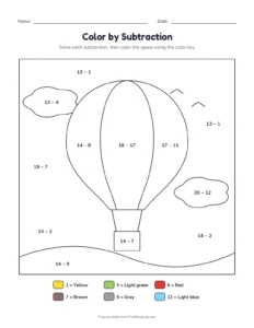 Color by subtraction within 20: hot air balloon printable worksheet for grades 1 and 2