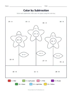 Color by subtraction within 20: flowers printable worksheet for grades 1 and 2
