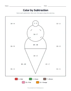 Color by subtraction within 20: ice cream printable worksheet for grades 1 and 2