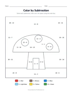 Color by subtraction within 20: mushroom house printable worksheet for grades 1 and 2