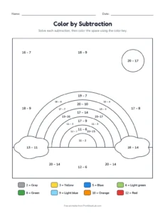 Color by subtraction within 20: rainbow printable worksheet for grades 1 and 2