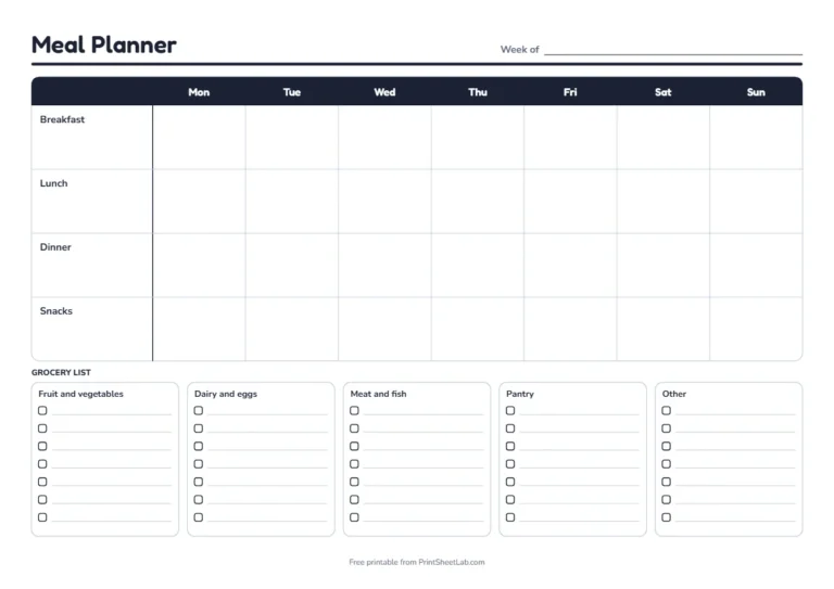 Meal plan template with grocery list in black and white on A4