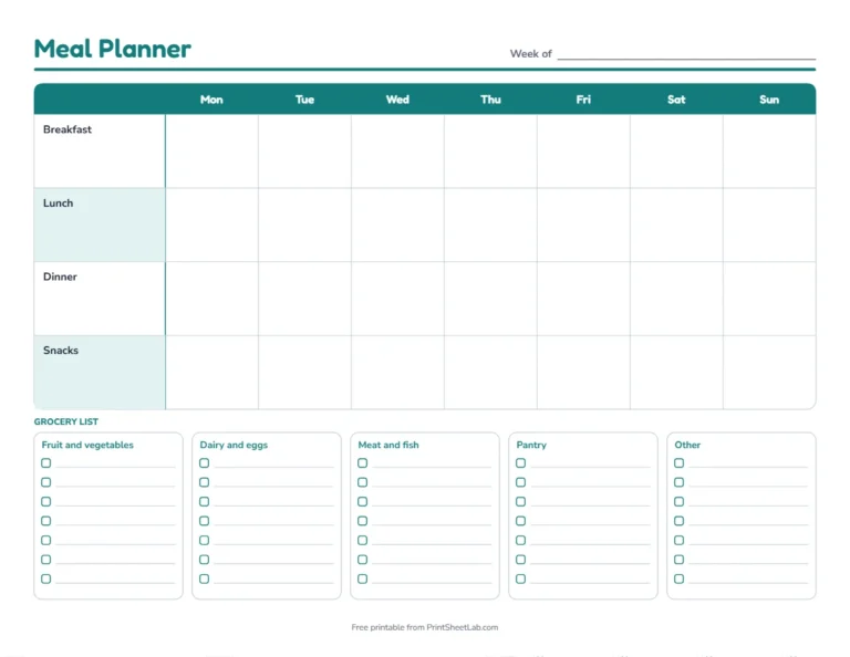 Meal planner printable with a weekly menu and grocery list in teal