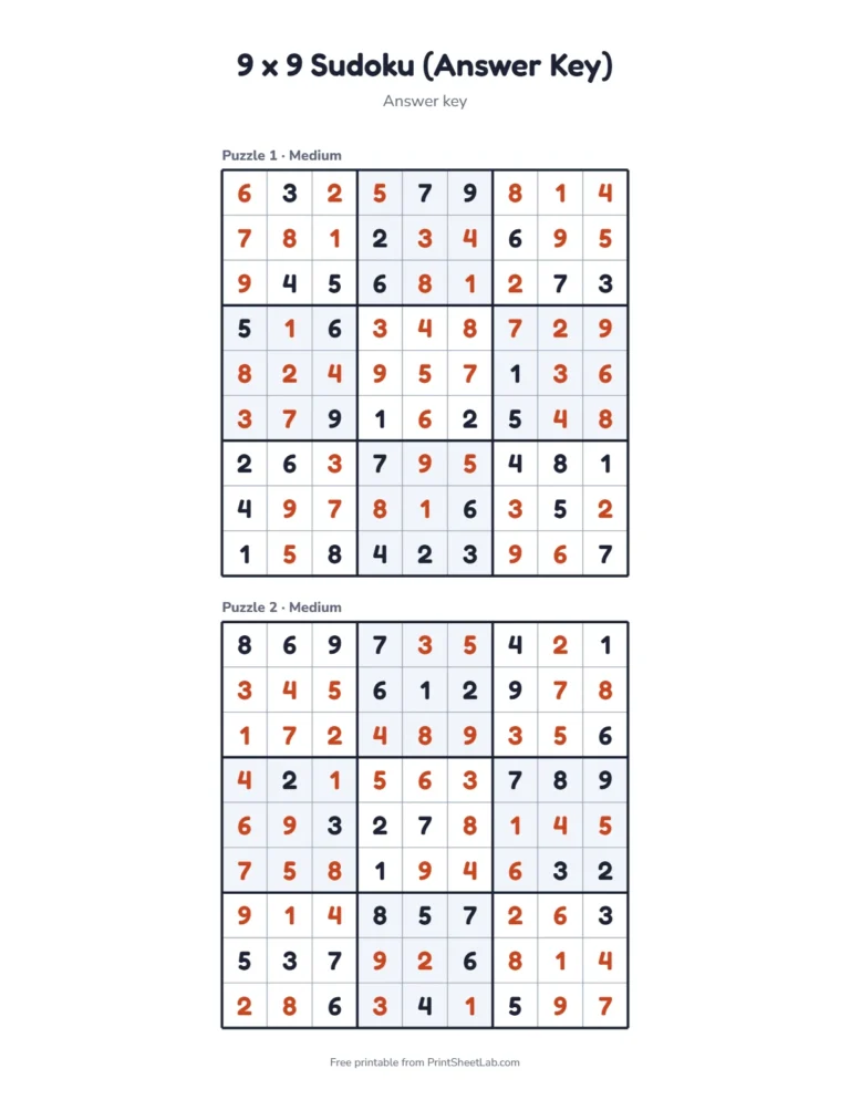 Medium sudoku answer key printable with the solutions in red