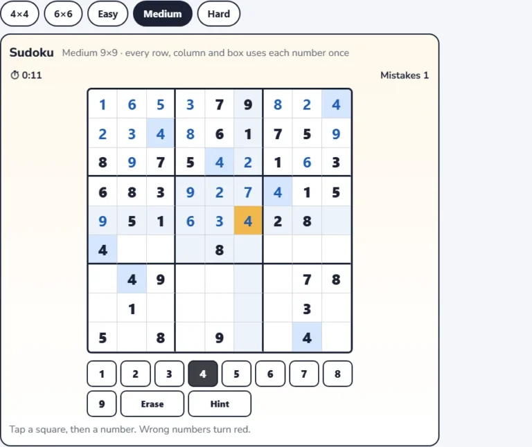 Medium sudoku puzzles game with the grid half solved and the timer running
