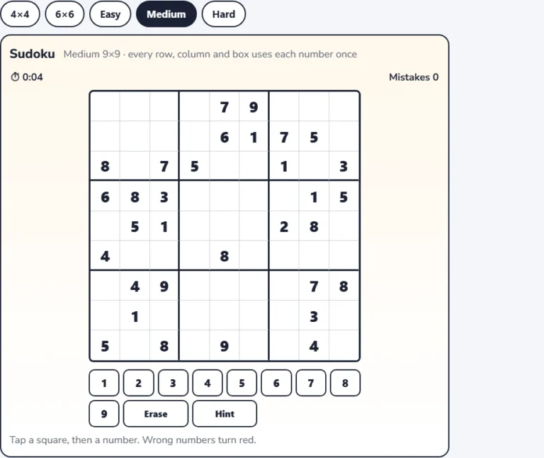 Medium sudoku online: a fresh 9x9 puzzle with 32 numbers given and the number pad