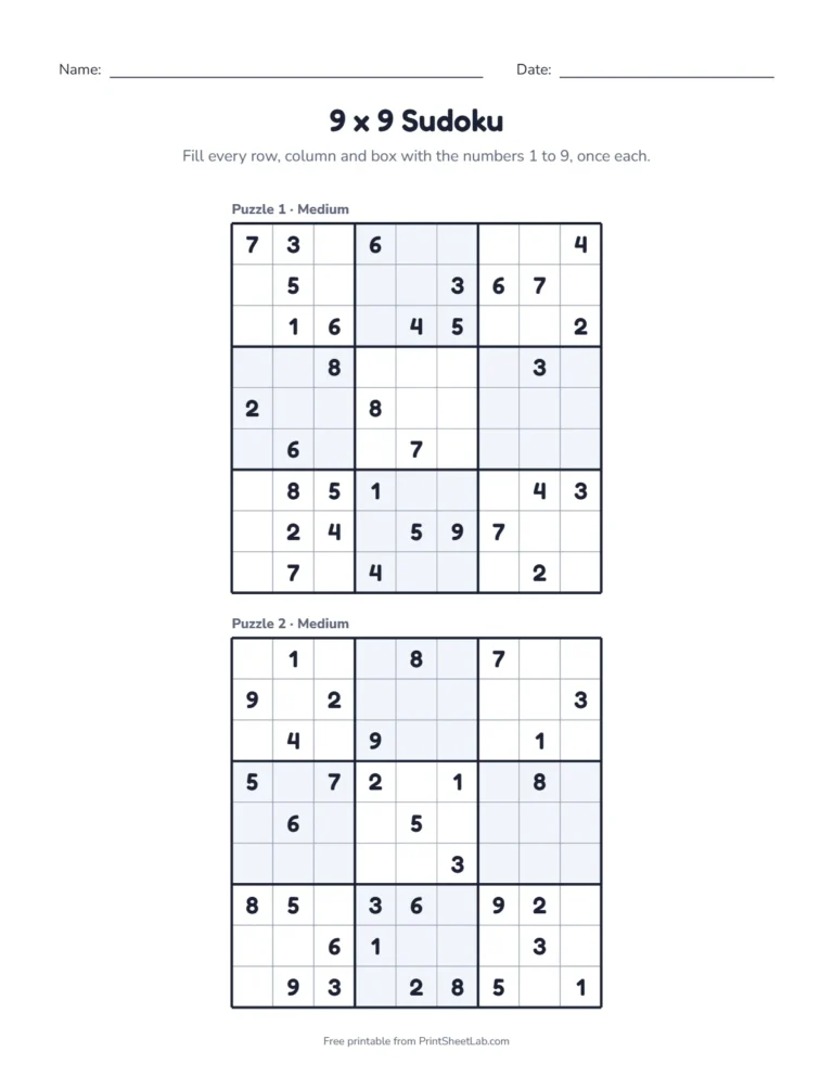 Medium sudoku printable: two medium 9x9 sudoku puzzles on one page