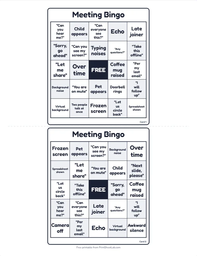 Two printable meeting bingo cards with squares such as You are on mute and Frozen screen, a free center and different arrangements