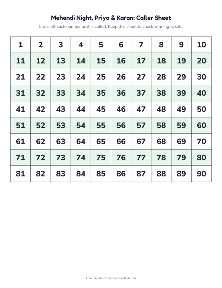 Mehendi tambola caller sheet: a 1 to 90 number grid to cross off as you call