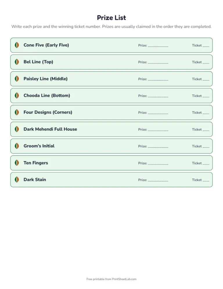 Mehendi tambola prize list with themed prize names and space for winners