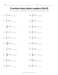 Fractions times whole numbers (Set B) printable worksheet for grades 4 and 5