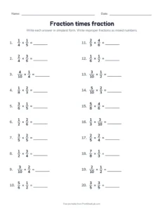 multiply fractions worksheet: fraction times fraction