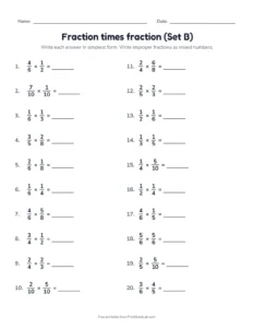 Fraction times fraction (Set B) printable worksheet for grade 5