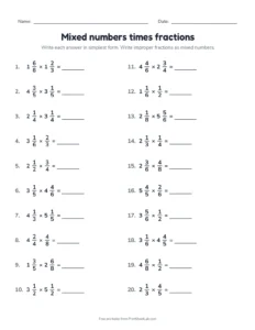 Mixed numbers times fractions printable worksheet for grades 5 and 6