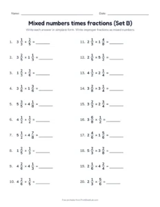 Mixed numbers times fractions (Set B) printable worksheet for grades 5 and 6