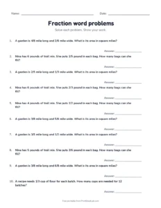 Fraction word problems printable worksheet for grades 5 and 6