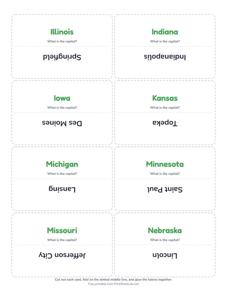 Midwest capitals list as fold-over flash cards with the state on one side