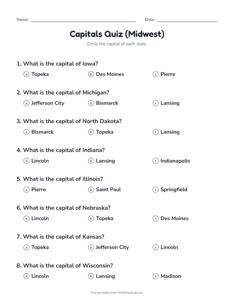 Midwest states worksheet: a multiple choice quiz on the capitals