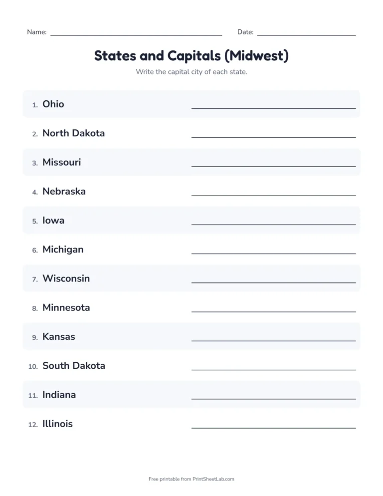 Midwest states and capitals quiz: write the capital of each state, with an answer key