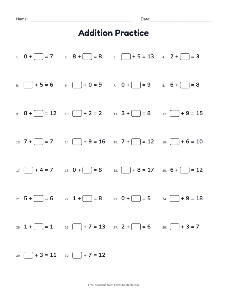 Missing addend worksheet with 30 problems