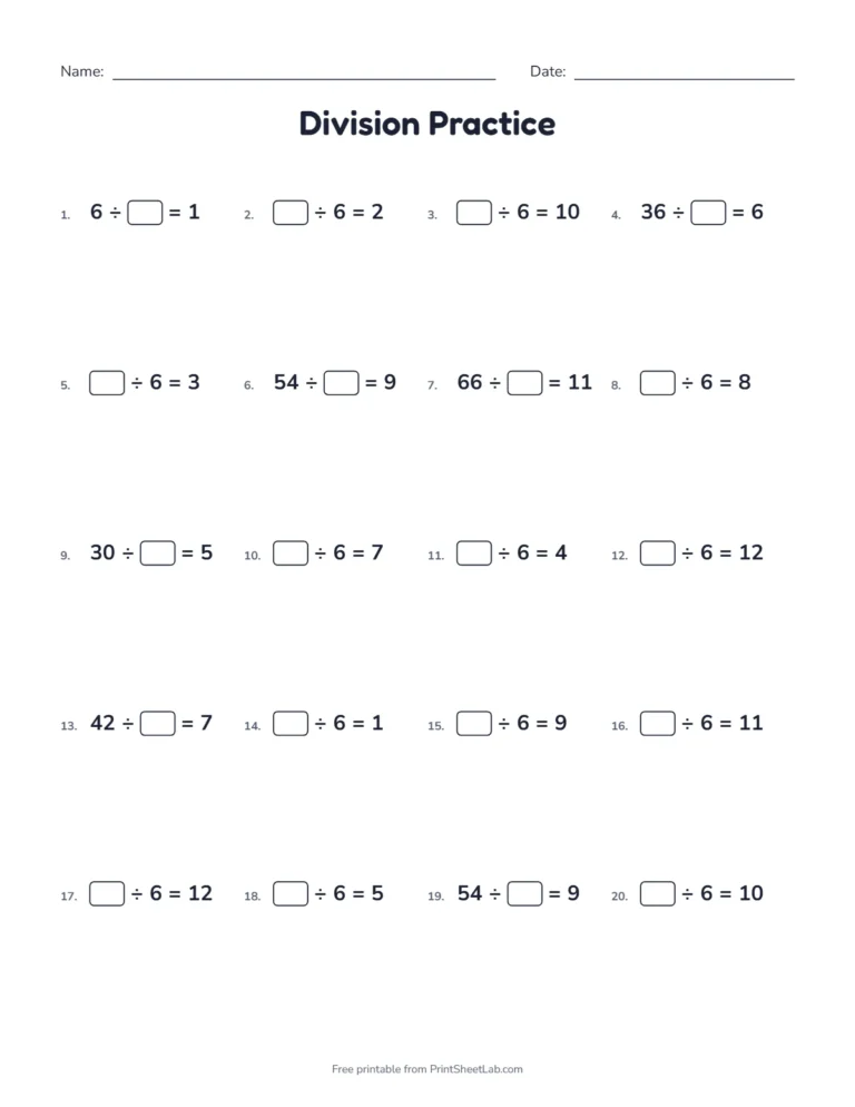 Division facts worksheet with missing numbers for the 6 times table