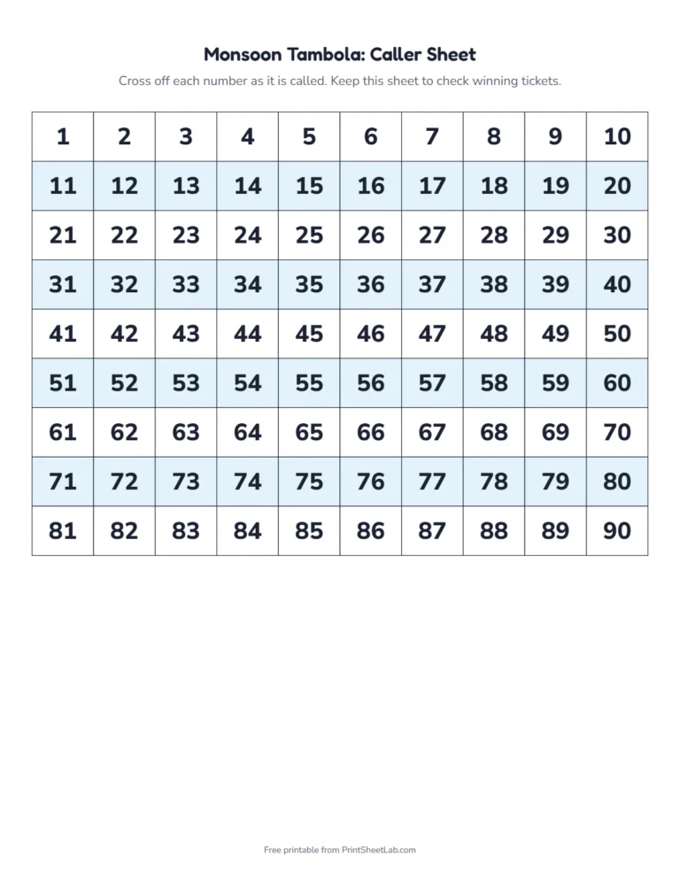 Monsoon tambola caller sheet: a 1 to 90 number grid to cross off as you call
