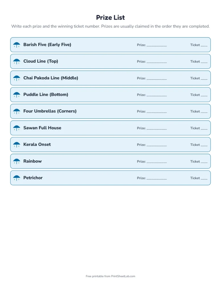 Monsoon tambola prize list with themed prize names and space for winners