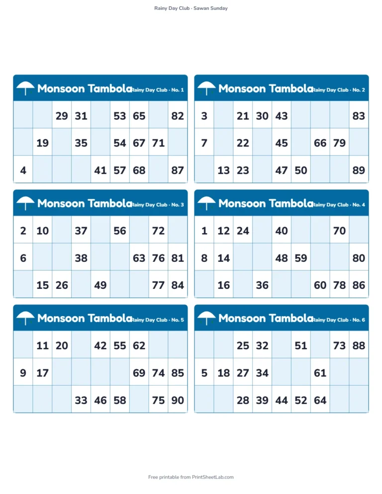 Monsoon tambola: printable tickets titled Monsoon Tambola