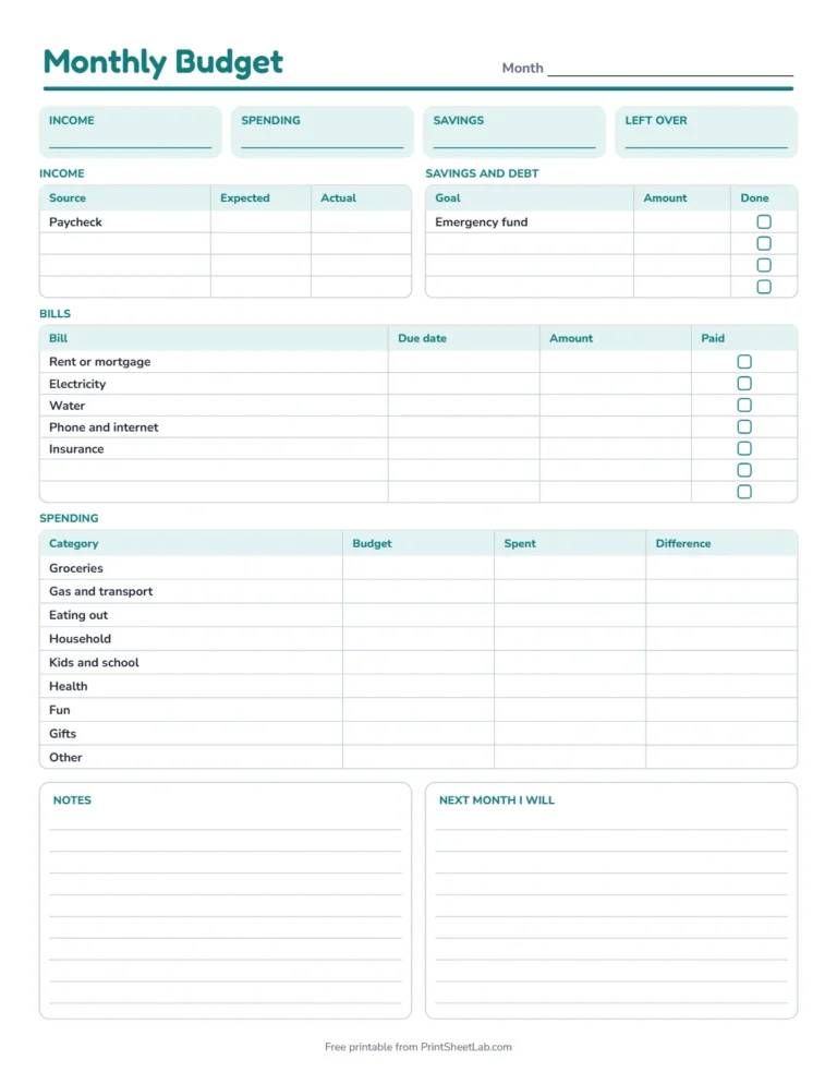 Monthly budget planner printable with income, bills, spending categories and savings